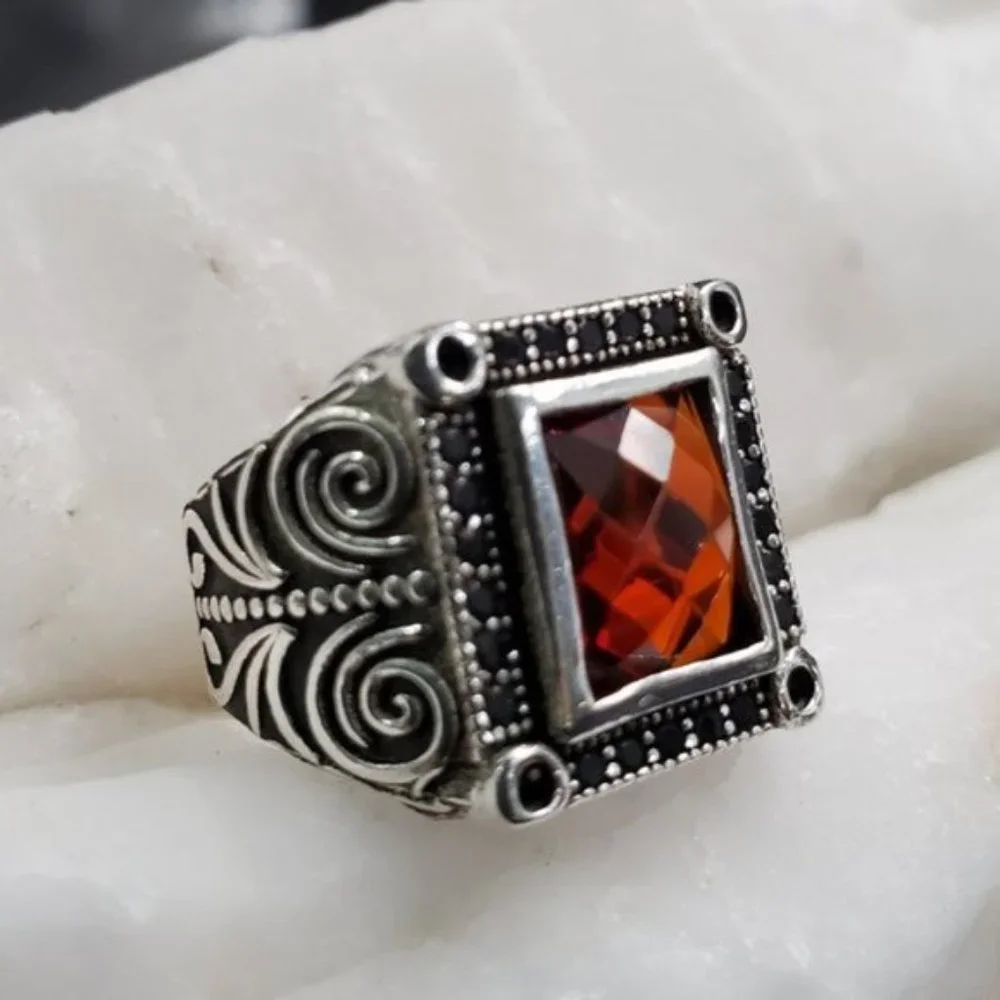 Men's Jewelry Solid Silver 925 Ring Natural Garnet/Black Topaz Man